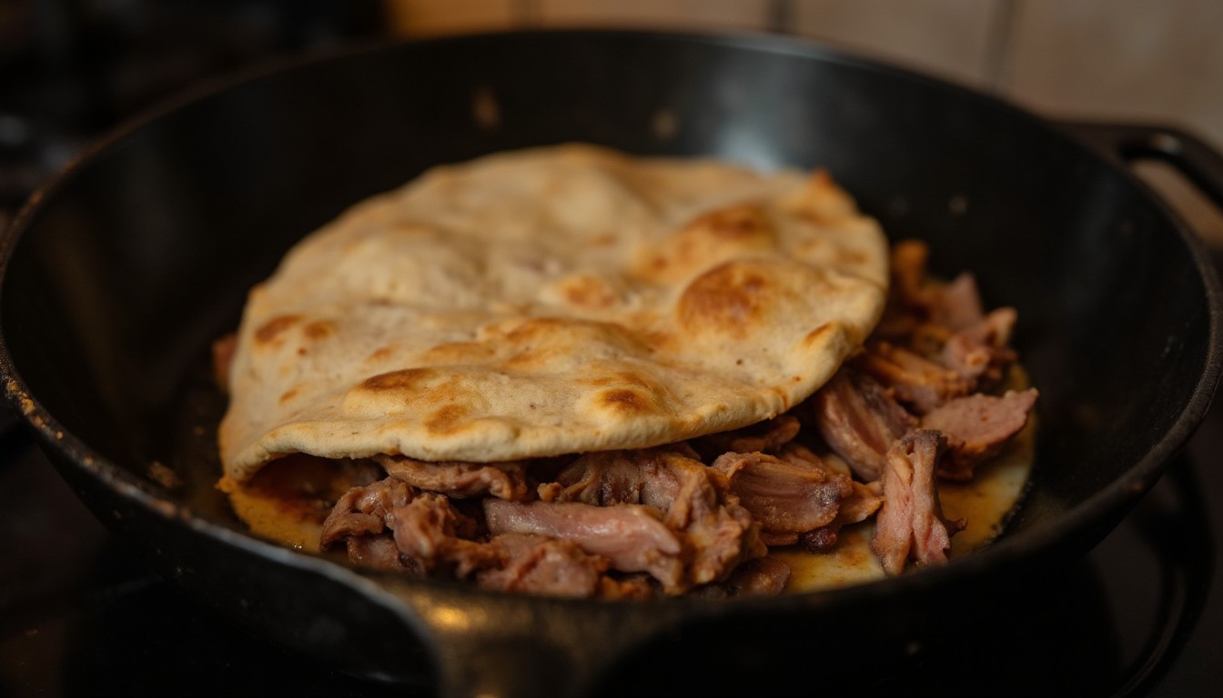 Smash Burger Taco wird mit der Fleischseite nach unten in einer Gusseisenpfanne knusprig angebraten