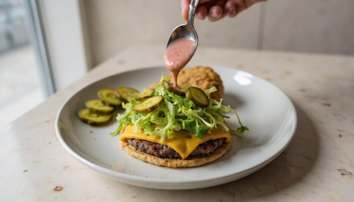 Offener Smash Burger Taco auf weißem Teller belegt mit Eisbergsalat, Gurkenscheiben und Burgersauce