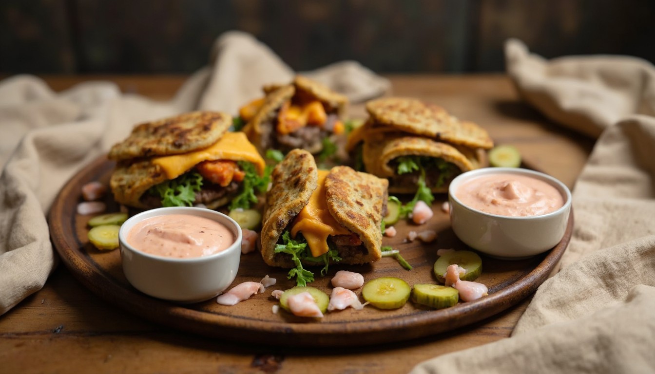 Drei fertige Smash Burger Tacos auf einem runden Holzbrett mit geschmolzenem Käse, Salat, Gurken und Burgersauce