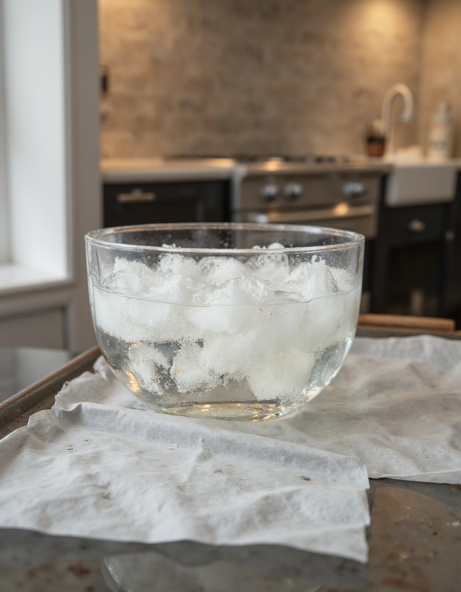 Große Glasschüssel mit Eiswasser und Eiswürfeln neben einem mit Backpapier ausgelegten Backblech als Vorbereitung für Tanghulu