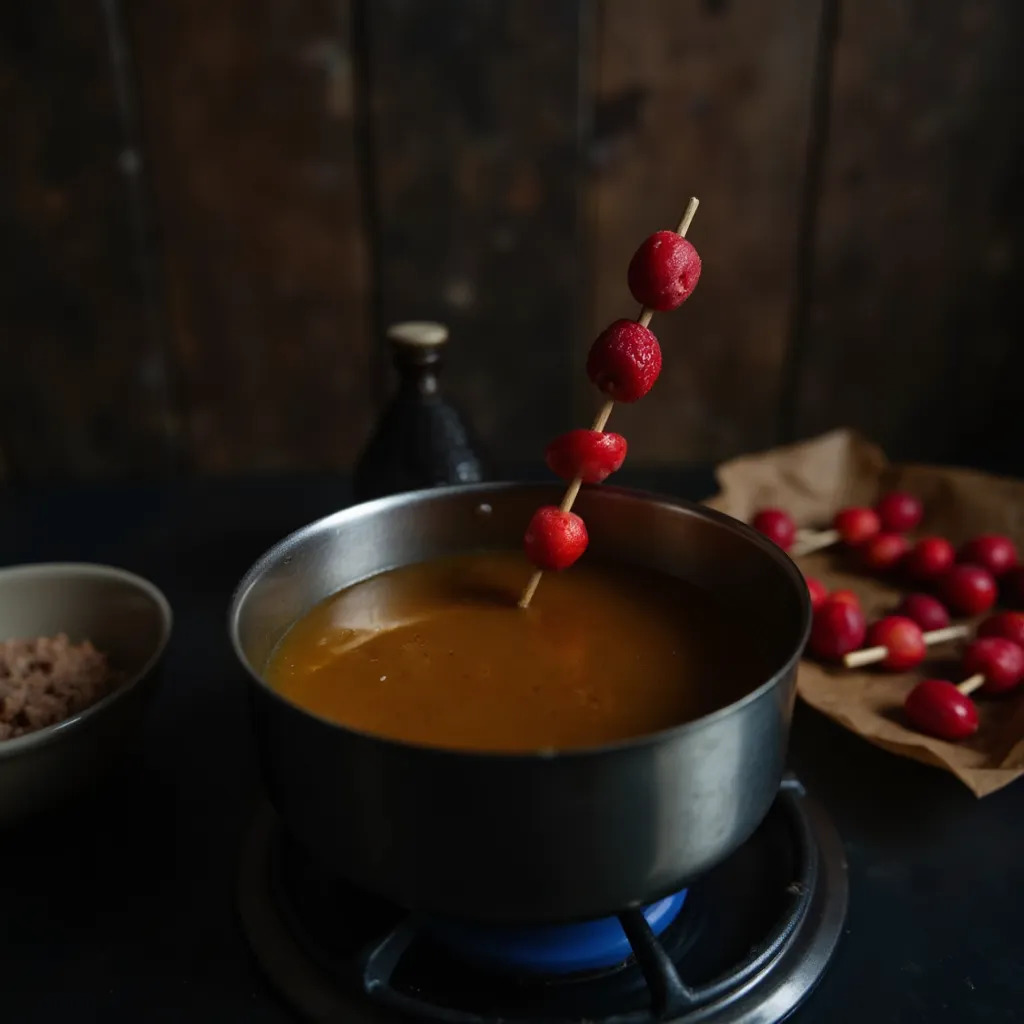 Ein Erdbeer-Spiess wird in heißen klaren Zuckersirup getaucht, wobei eine dünne transparente Zuckerschicht die Frucht umschliesst