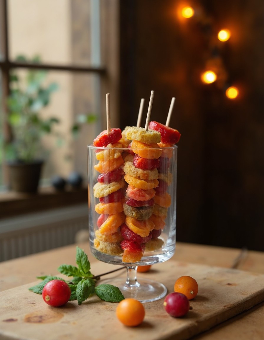 Sechs fertige Tanghulu-Spiesse mit kandierten Erdbeeren, Trauben und Mandarinen stehen aufrecht in einem Glas auf dem Tisch