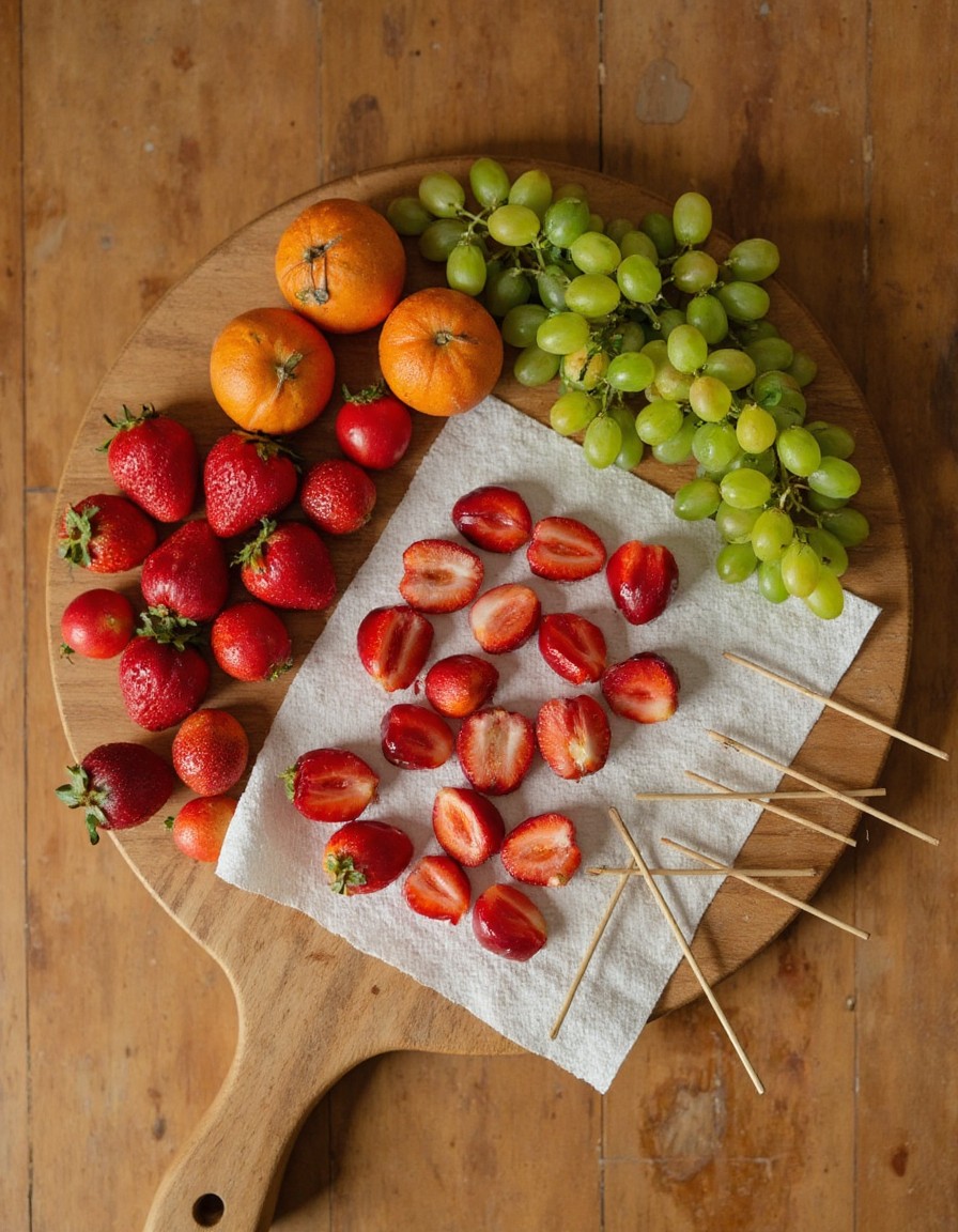 Frische Erdbeeren, grüne Weintrauben und geschälte Mandarinenspalten werden auf einem Holzbrett mit Küchenpapier getrocknet