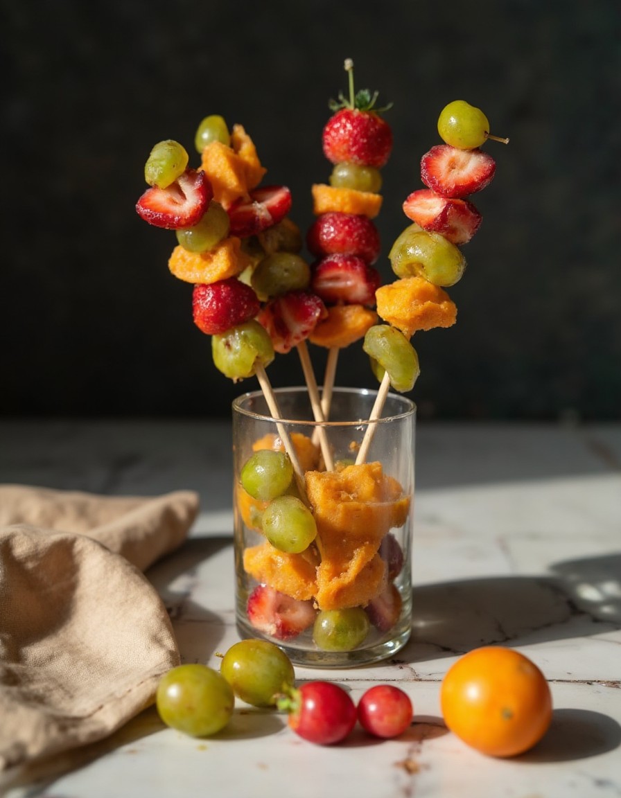 Fertige Tanghulu Spiesse mit kandierten Erdbeeren, Weintrauben und Mandarinen in glasklarer Zuckerkruste aufrecht im Glas serviert