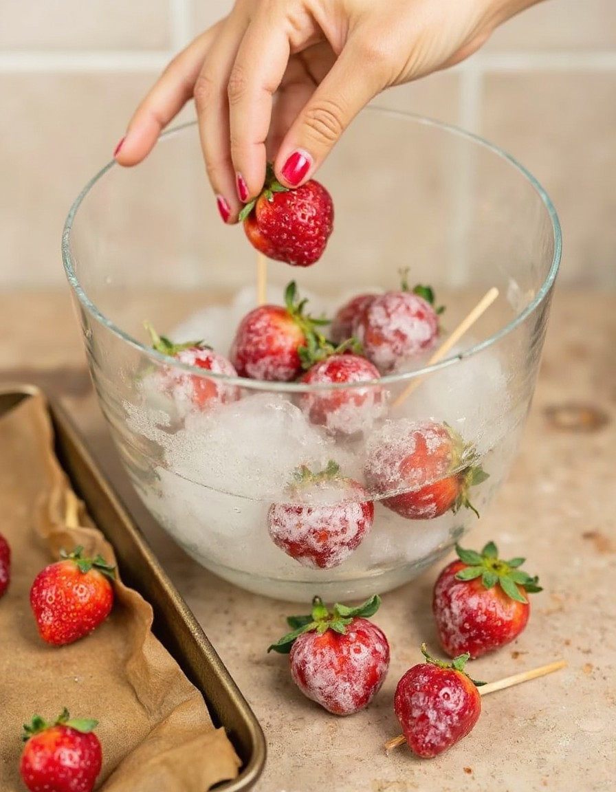 Frisch in Zucker getauchter Tanghulu-Spiess wird ins Eiswasser getaucht, kleine Blasen bilden sich um die aushärtende Glasur