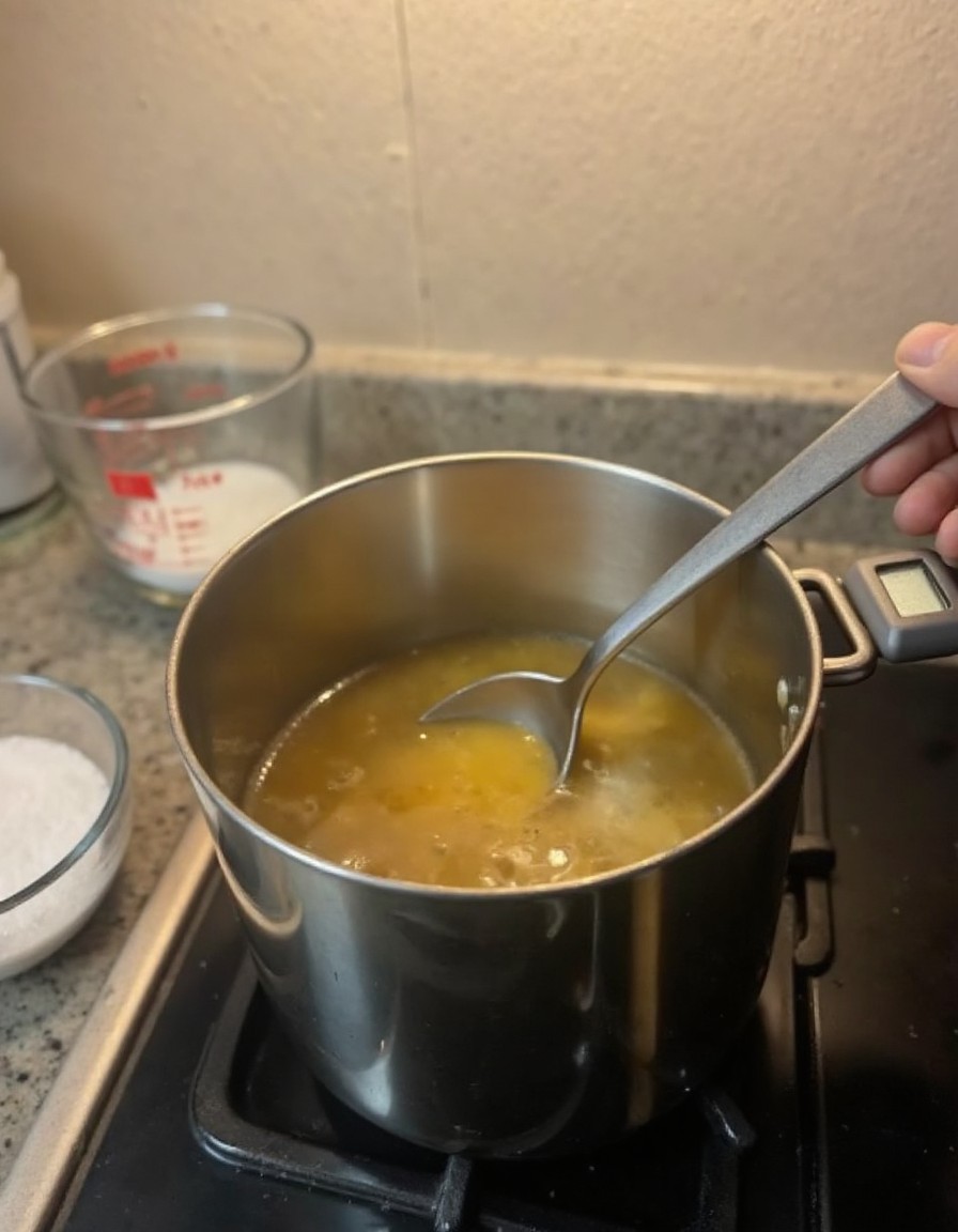 Klarer Zuckersirup mit leicht goldener Färbung blubbert in einem Edelstahltopf auf dem Herd mit Küchenthermometer am Rand